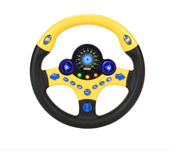 Interactive toy steering wheel with sounds and lights, 360 degree rotation