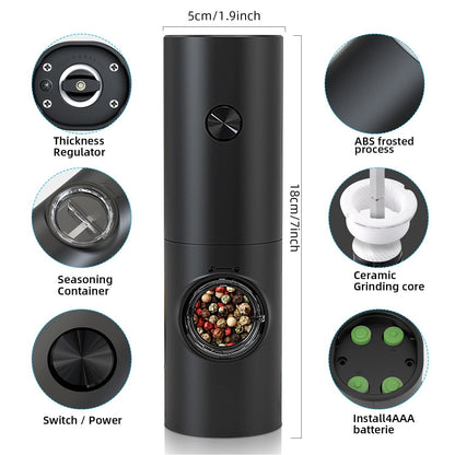 Electric Salt/Pepper Grinder, Spices, Black, With Battery, LED Indicator, Adjustable Thickness 